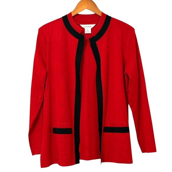 Exclusively Misook Open Jacket Red Black Trim Faux Pockets Shoulder Pads Size L - Picture 10 of 10